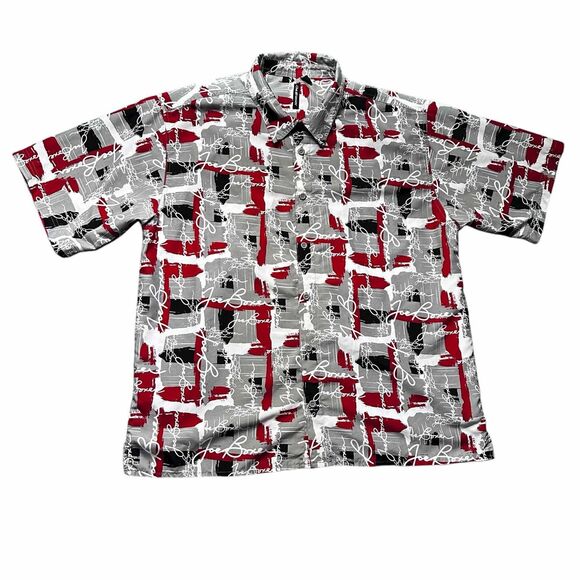 Joe Boxer Abstract Button Up Shirt Red Gray Black White Graphic Print Men’s L - Picture 1 of 9